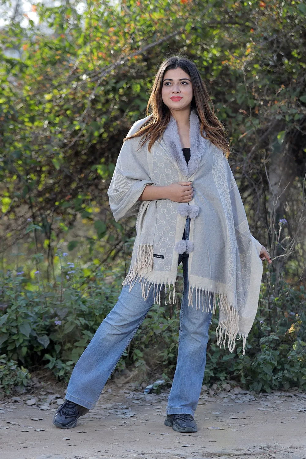 Grey & Fawn Colour Woollen Cashmere Faux Fur Cape Stole.