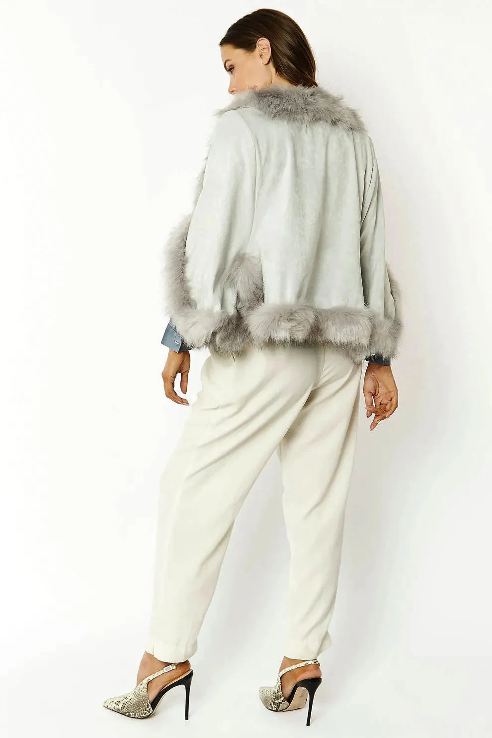 Grey Faux Fur Suede Cape Jacket