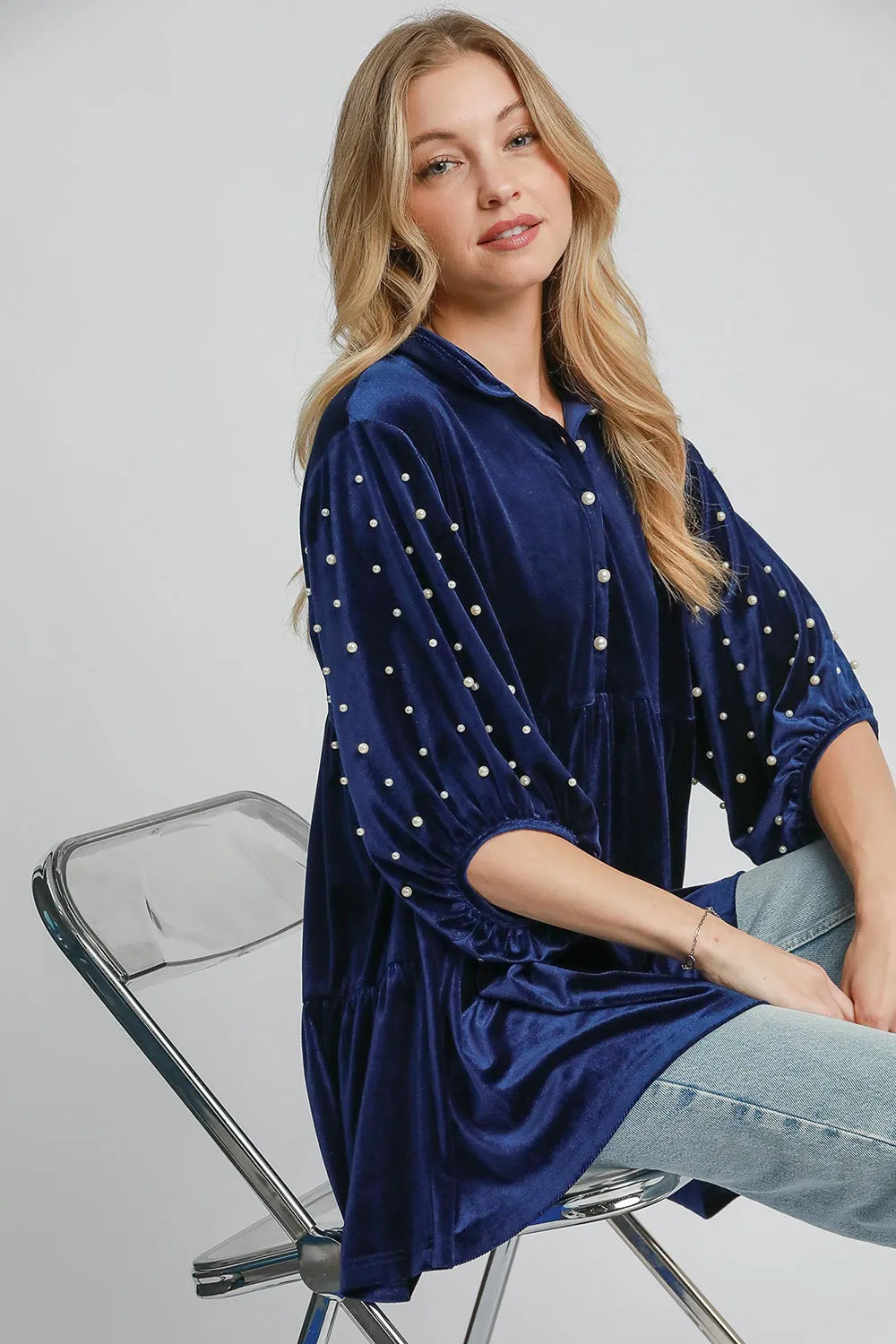 Hazel Blues® |  Umgee Pearl Detail Collared Neck Velvet Babydoll Blouse