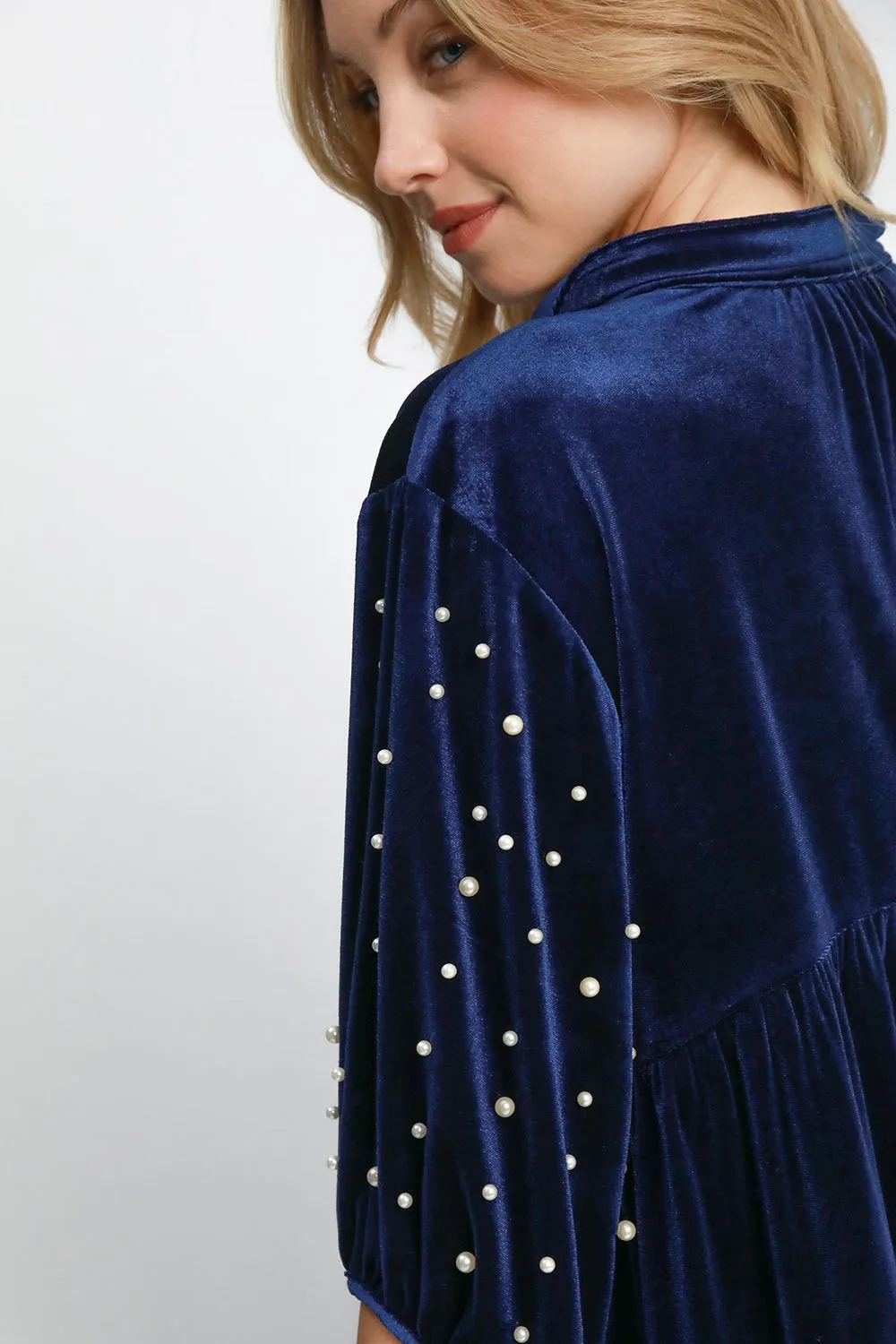 Hazel Blues® |  Umgee Pearl Detail Collared Neck Velvet Babydoll Blouse