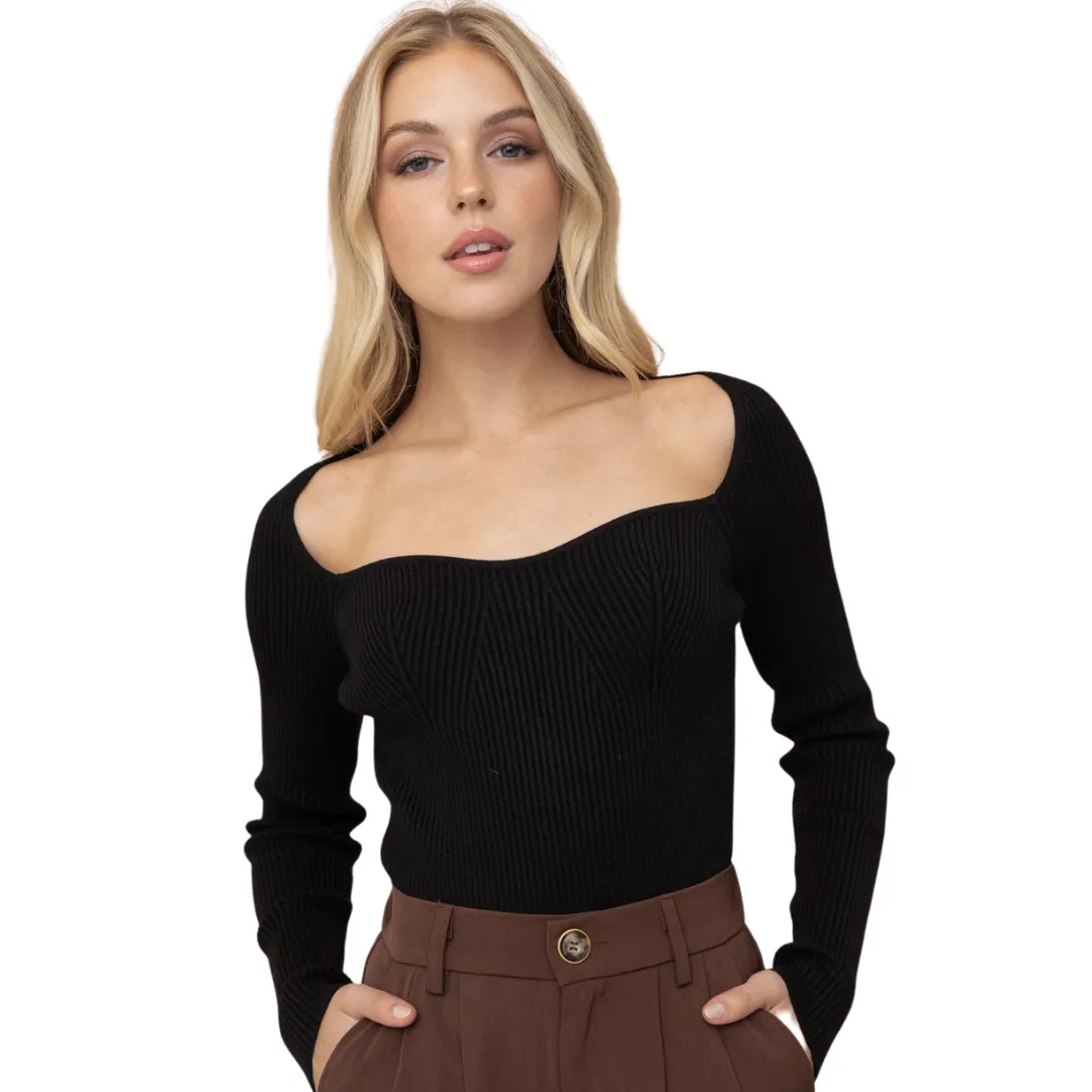 Heart Neck Rib Sweater (Black)