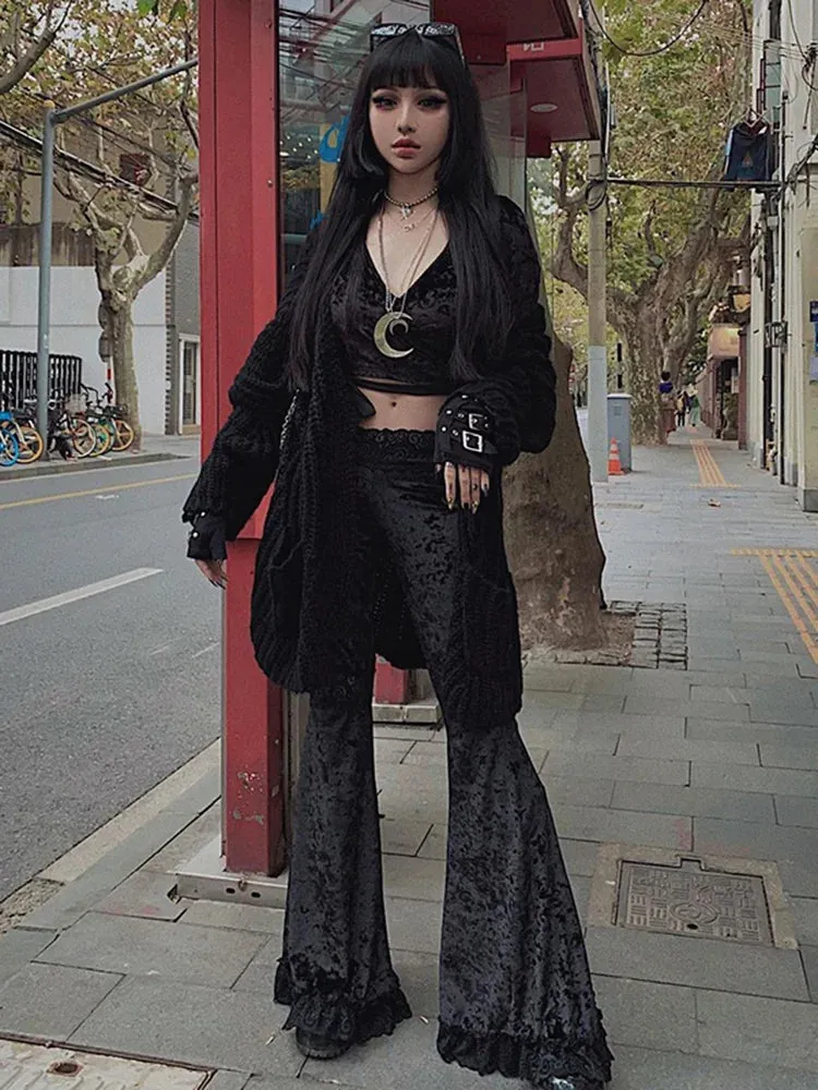 InsGoth Mall Goth High Waist Flared Pants Aesthetic Sexy Lace Patchwork Trousers Women Vintage Elegant Velvet Christmas Pants