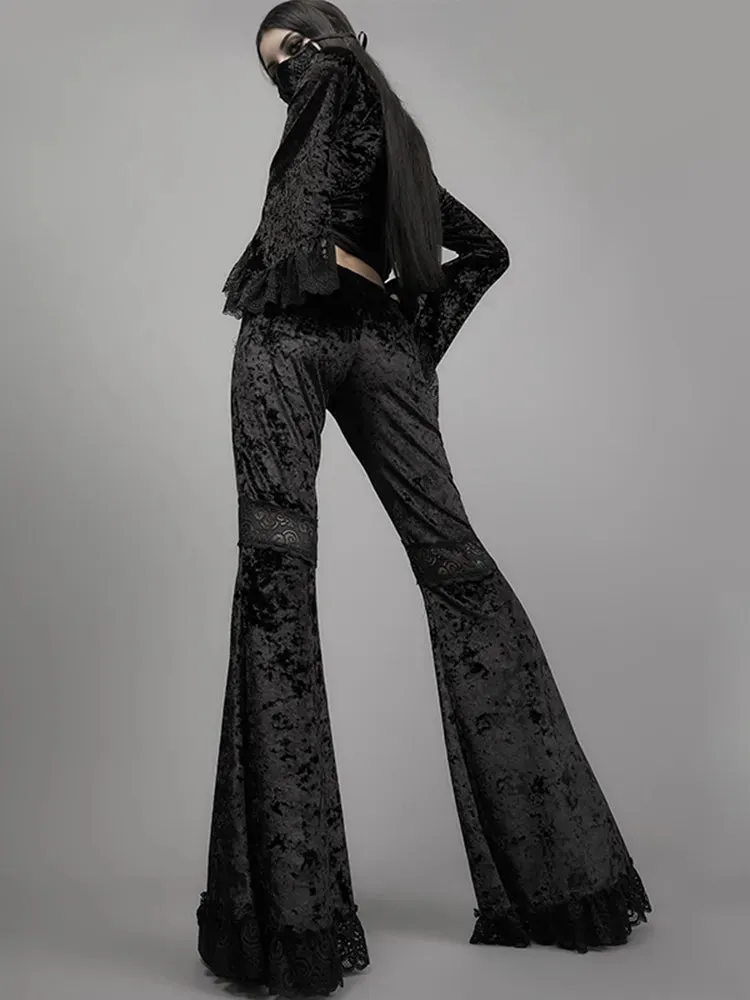 InsGoth Mall Goth High Waist Flared Pants Aesthetic Sexy Lace Patchwork Trousers Women Vintage Elegant Velvet Christmas Pants