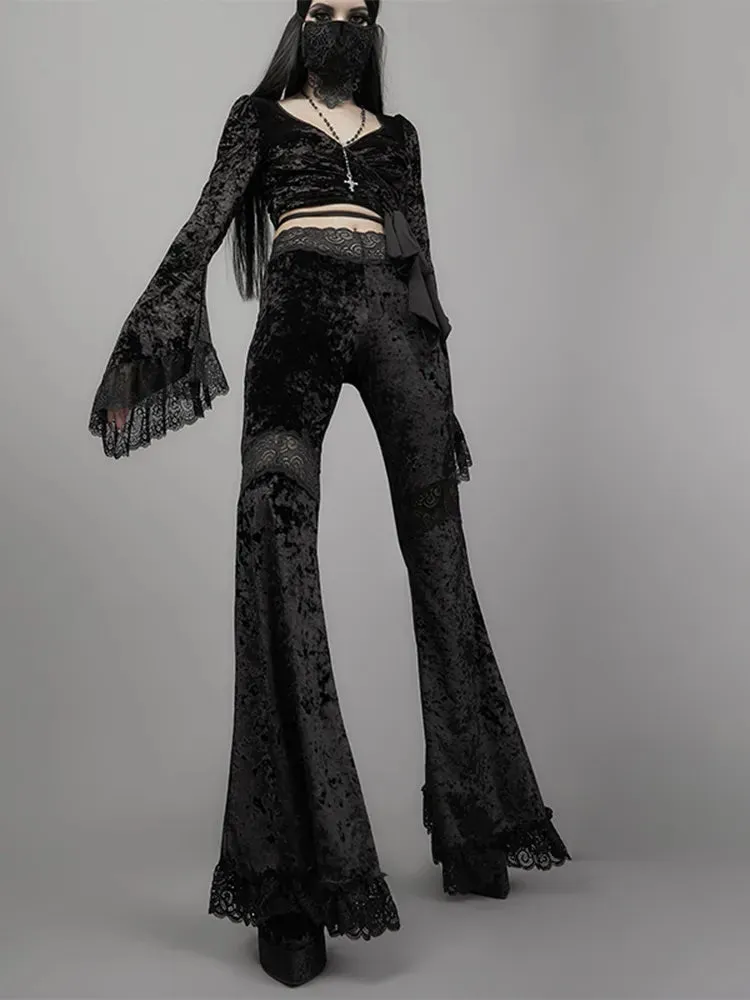 InsGoth Mall Goth High Waist Flared Pants Aesthetic Sexy Lace Patchwork Trousers Women Vintage Elegant Velvet Christmas Pants