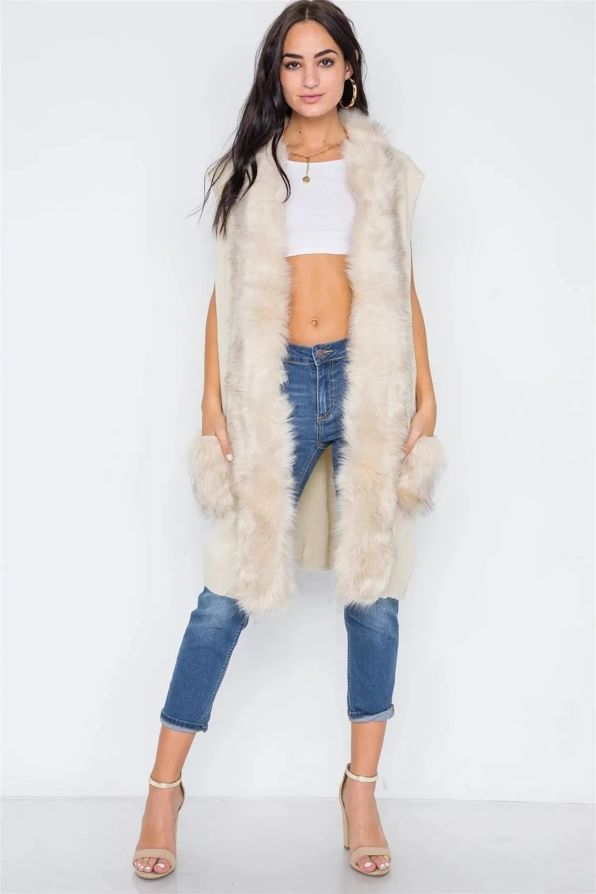 Ivory Soft Knit Shawl Collar Faux Fur Pockets Vest