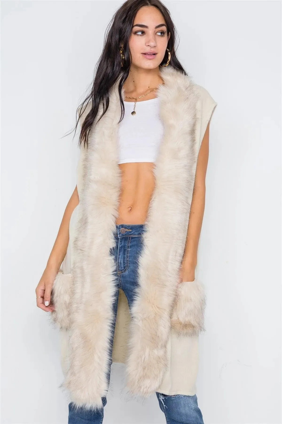 Ivory Soft Knit Shawl Collar Faux Fur Pockets Vest