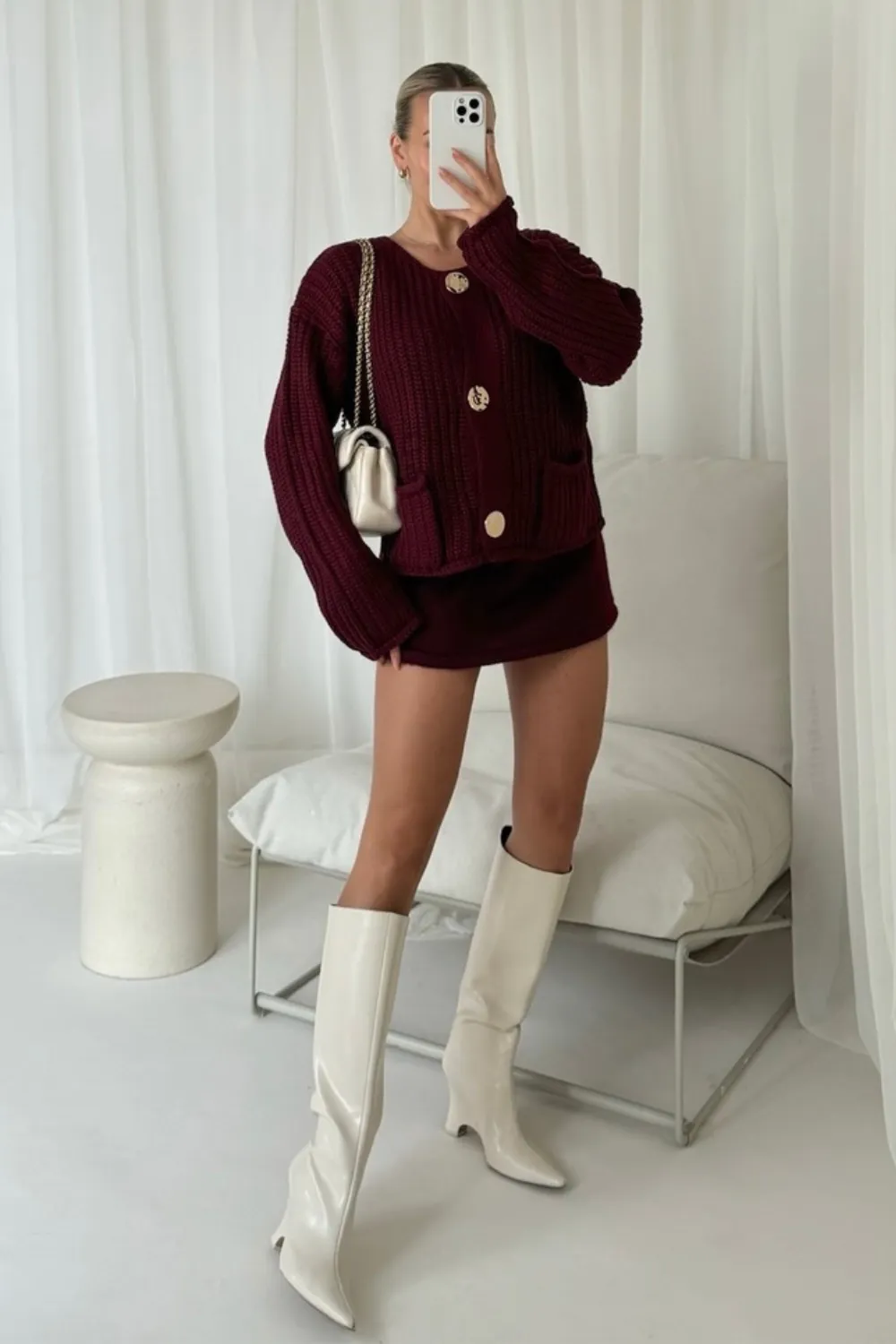 Kelly burgundy gold button knit cardigan