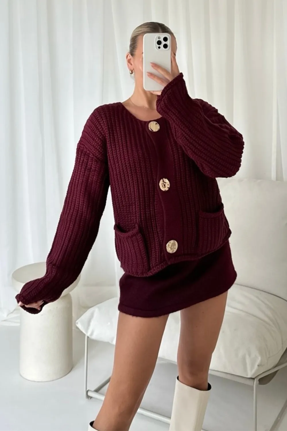 Kelly burgundy gold button knit cardigan