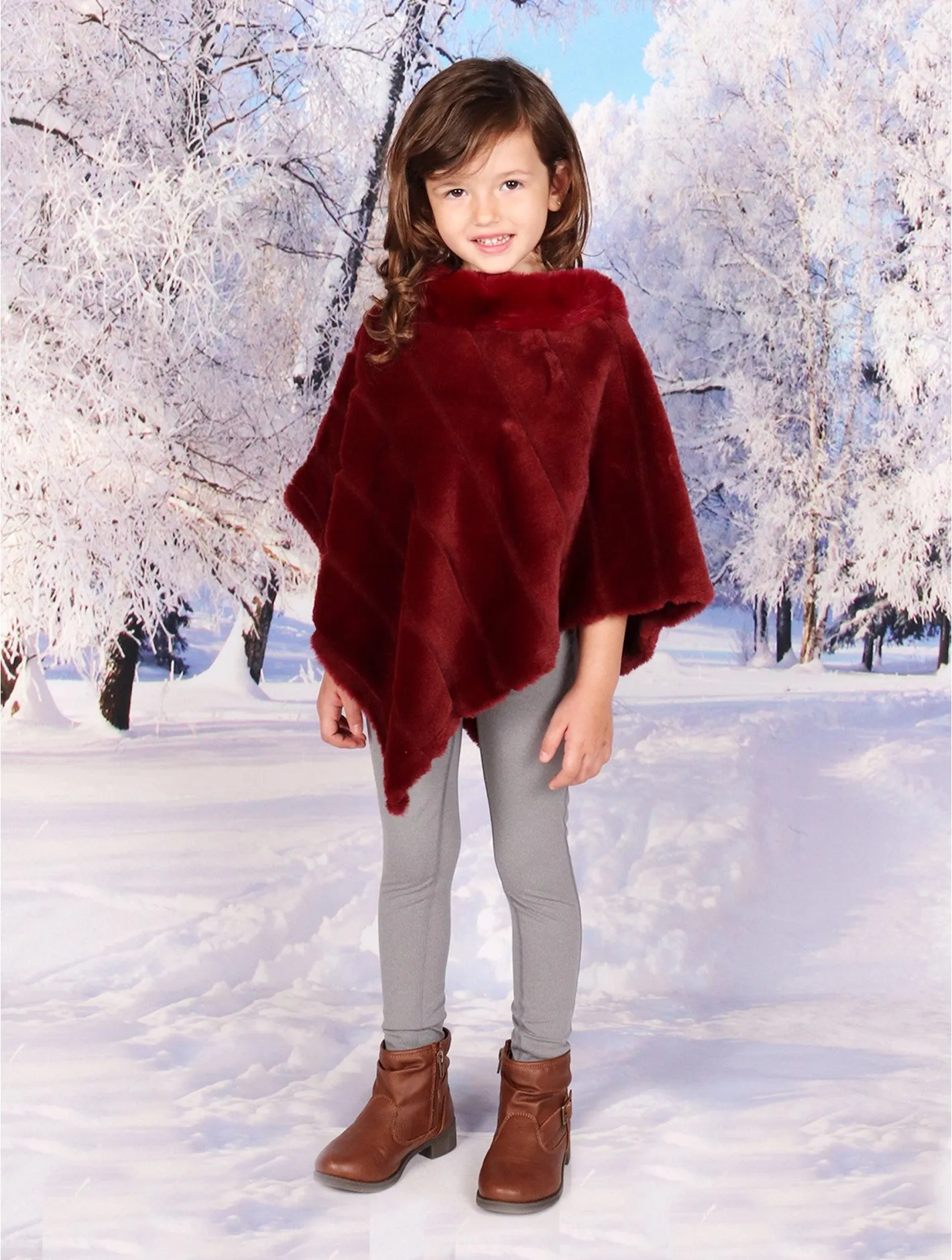 Kids Soft Faux Fur Cape W/ Diagonal Pattern and Faux Fur Neckline