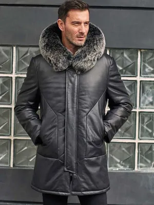 Leather Down Jacket With Fox Fur Collar Hooded Winter Overcoat Long Warm Outwear