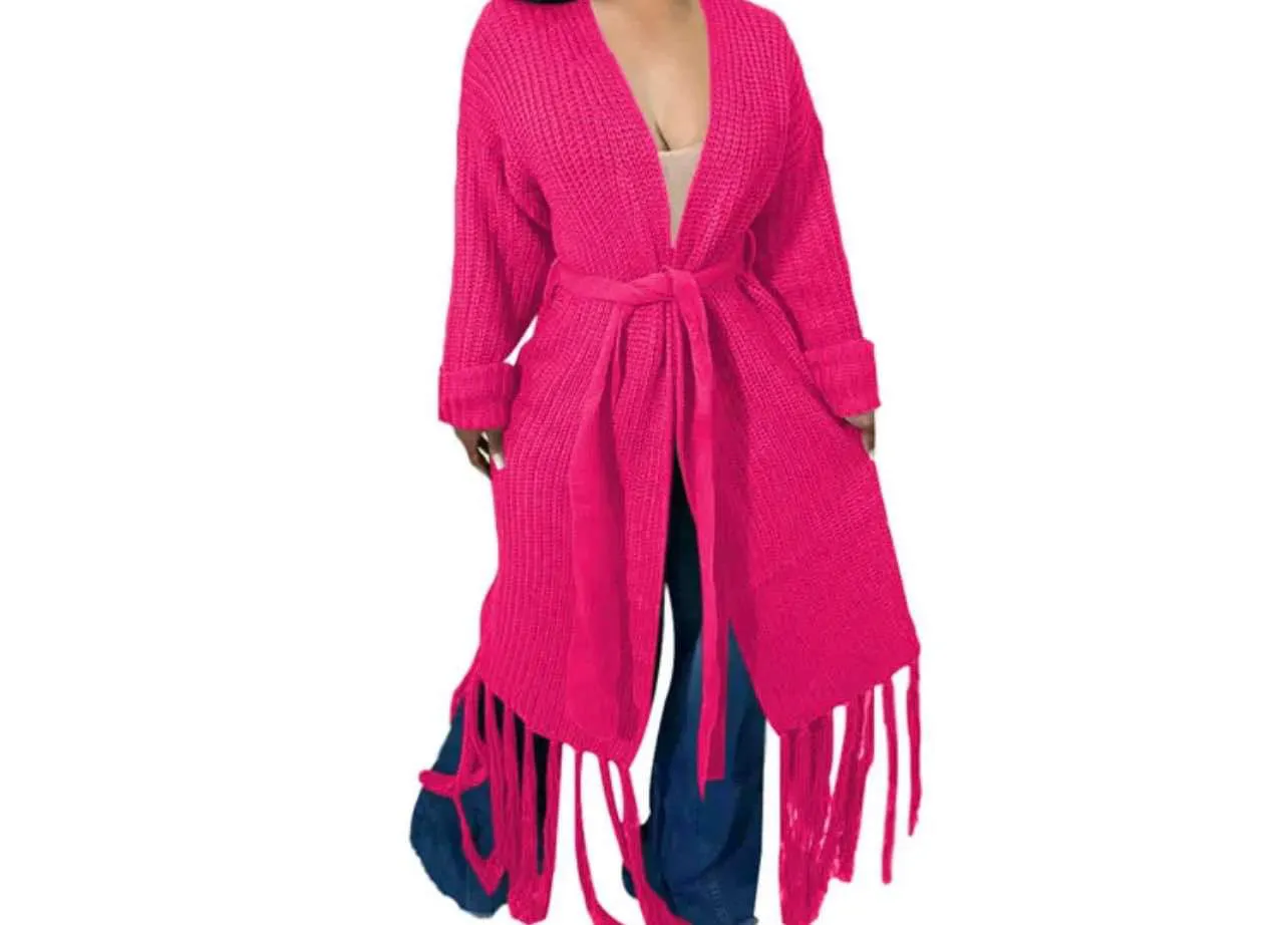 Long Open Front Cozy Fall/Winter Knitted Belt Bottom Tassels Vibrant Color Tall Plus Sized Maxi Cardigan Sweater