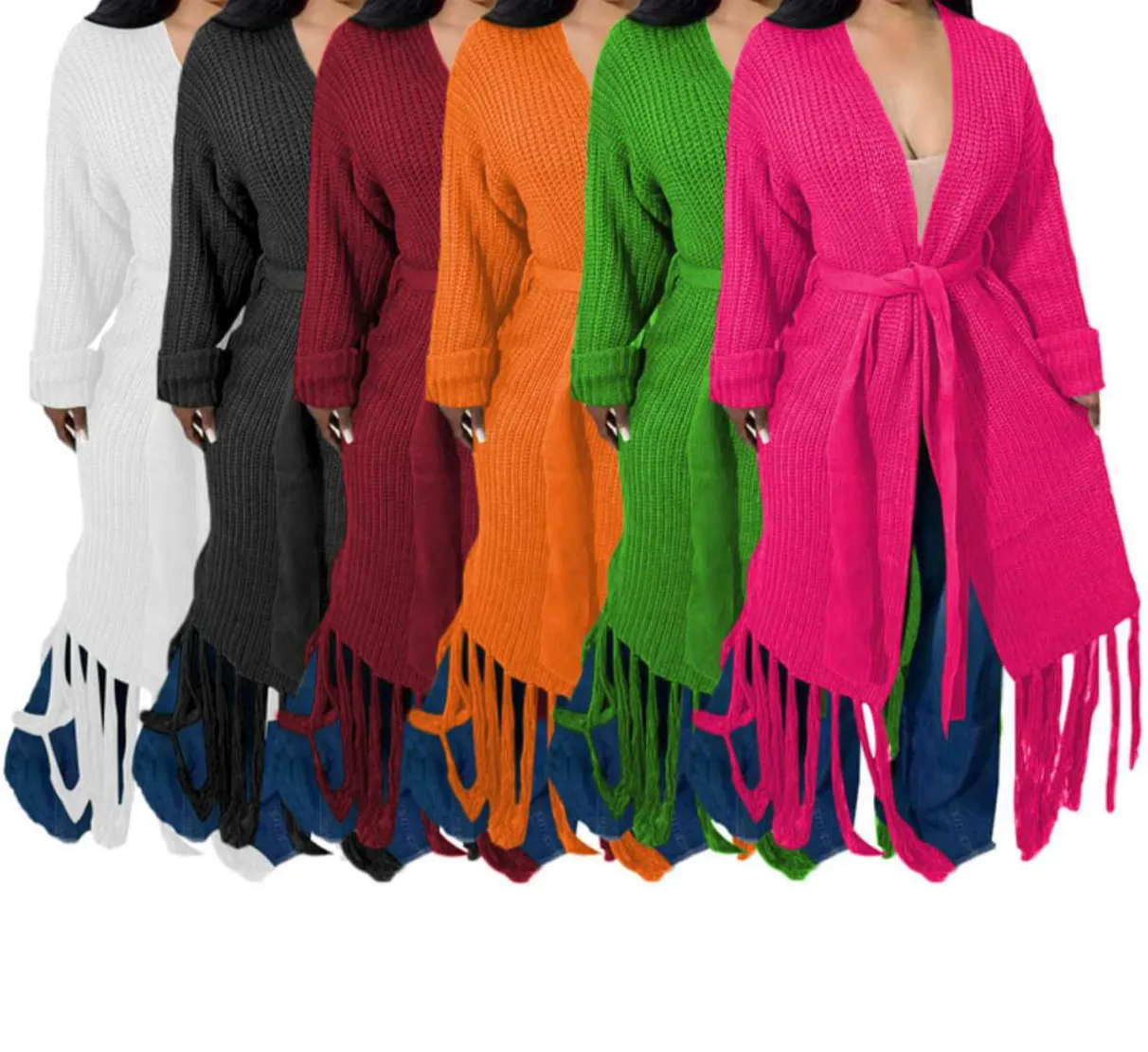 Long Open Front Cozy Fall/Winter Knitted Belt Bottom Tassels Vibrant Color Tall Plus Sized Maxi Cardigan Sweater