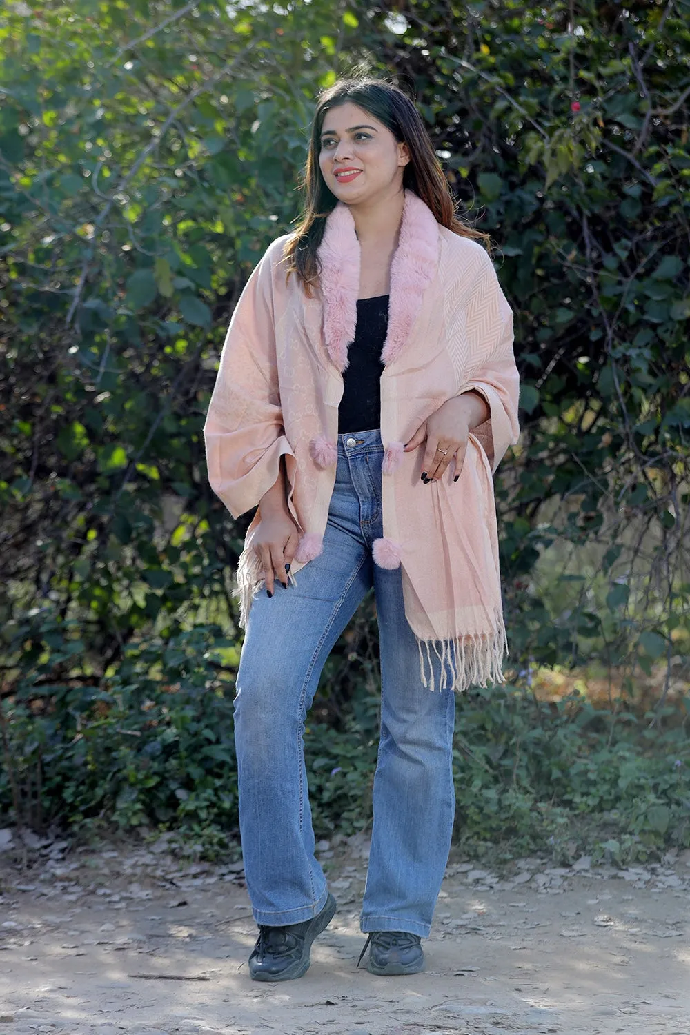 Lovely Baby Pink Colour Woollen Cashmere Faux Fur Cape Stole.