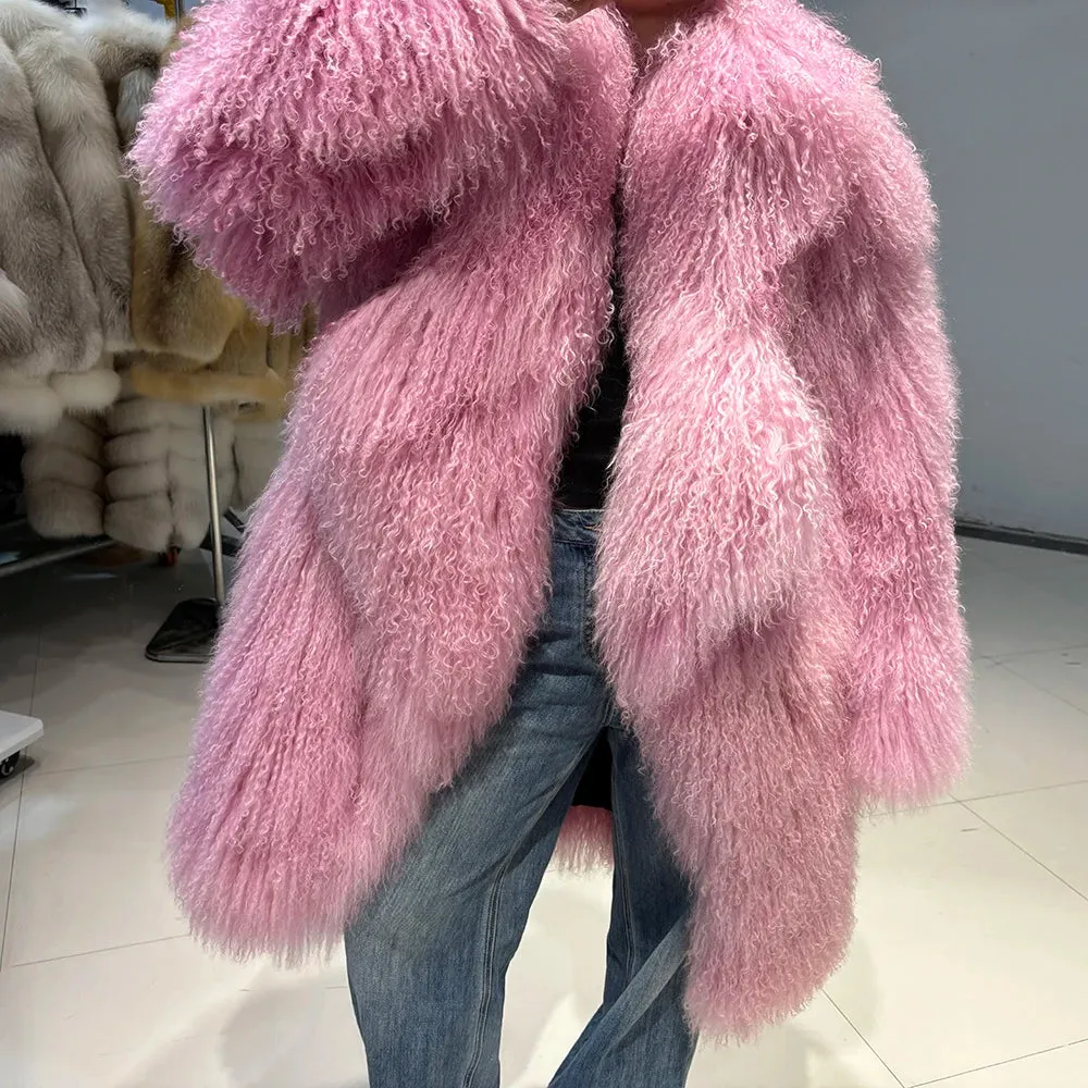 Luxurious Pink Mongolian Curly Shearling Coat