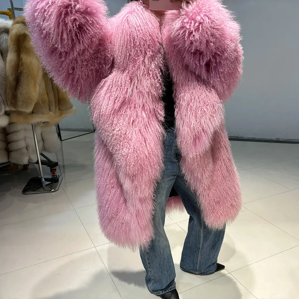 Luxurious Pink Mongolian Curly Shearling Coat