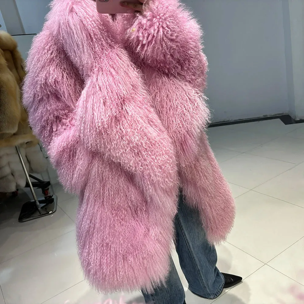 Luxurious Pink Mongolian Curly Shearling Coat