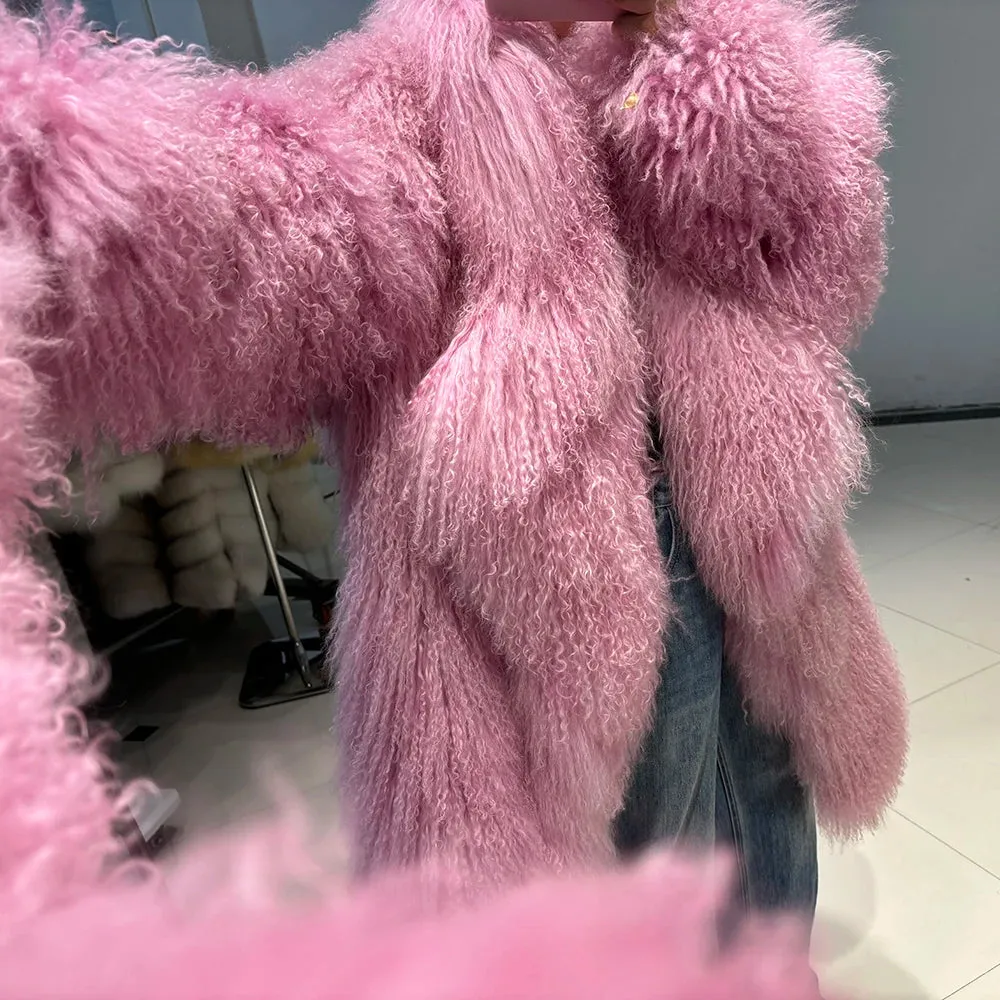 Luxurious Pink Mongolian Curly Shearling Coat