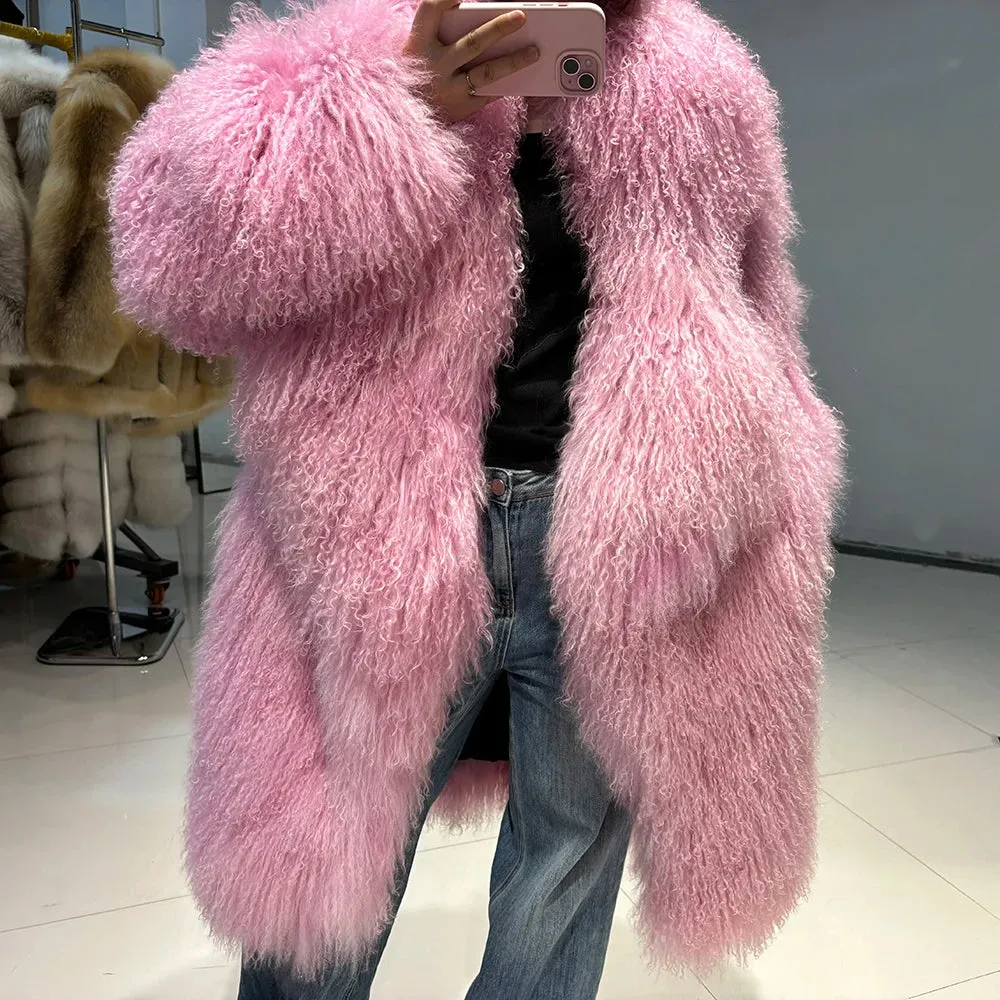 Luxurious Pink Mongolian Curly Shearling Coat