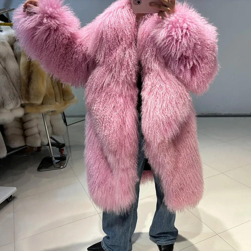 Luxurious Pink Mongolian Curly Shearling Coat