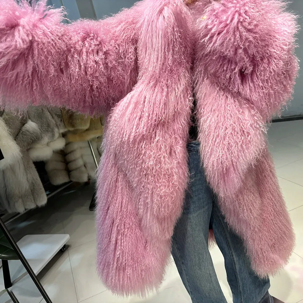 Luxurious Pink Mongolian Curly Shearling Coat