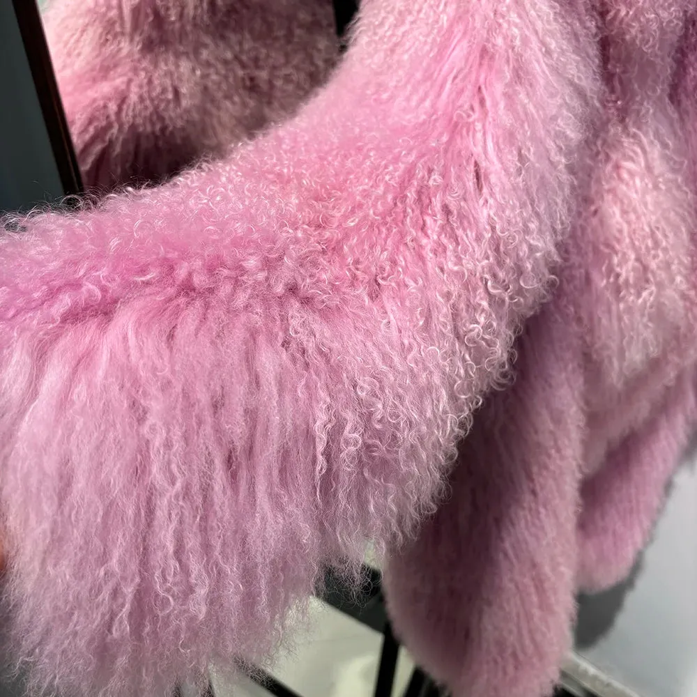 Luxurious Pink Mongolian Curly Shearling Coat