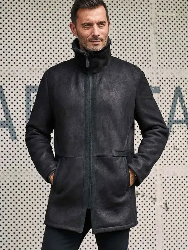 Men Black Shearling Fur Outwear Mink Overcoat Lapel Leather Jacket Coat