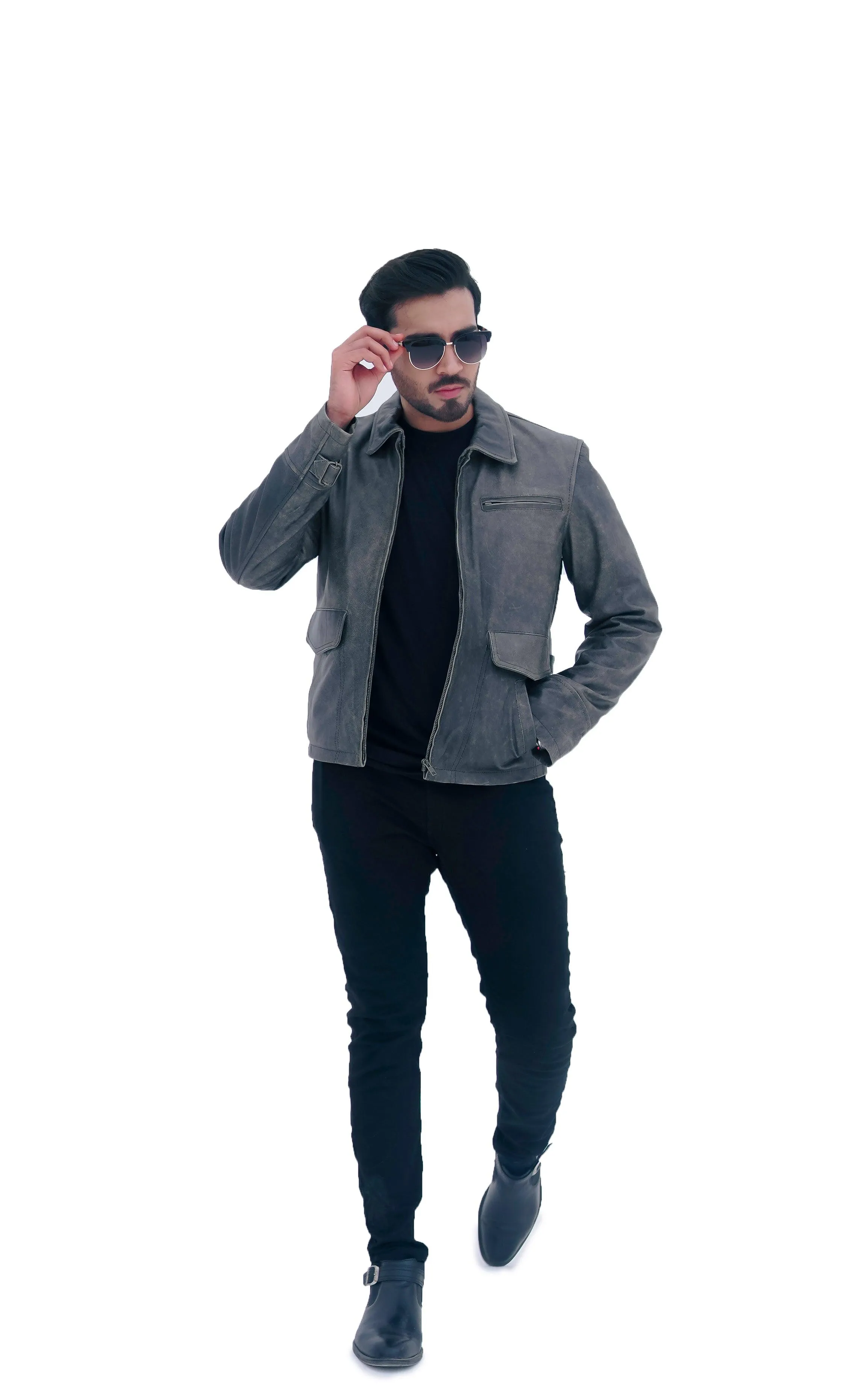 MEN'S AVIATOR DISTRESS BLACK GREY REAL LEATHER JACKET