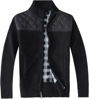 Men's Black Knitted Regular Fit Full Zip Cardigan Sweater with Soft Brushed Flannel Lining