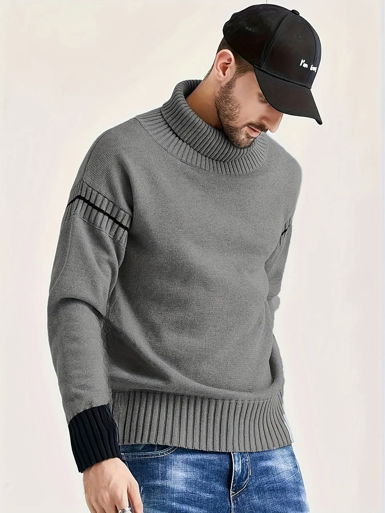 Men's Casual Grey Striped Knitted Turtleneck Sweater | Ideal for Autumn/Winter