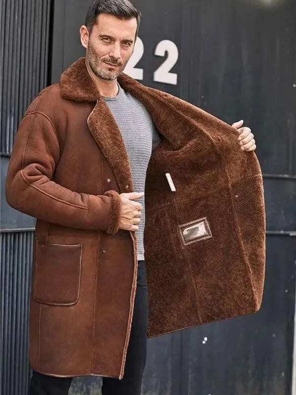 Men's Winter Brown Fur Leather Long Trench Overcoat Outwear