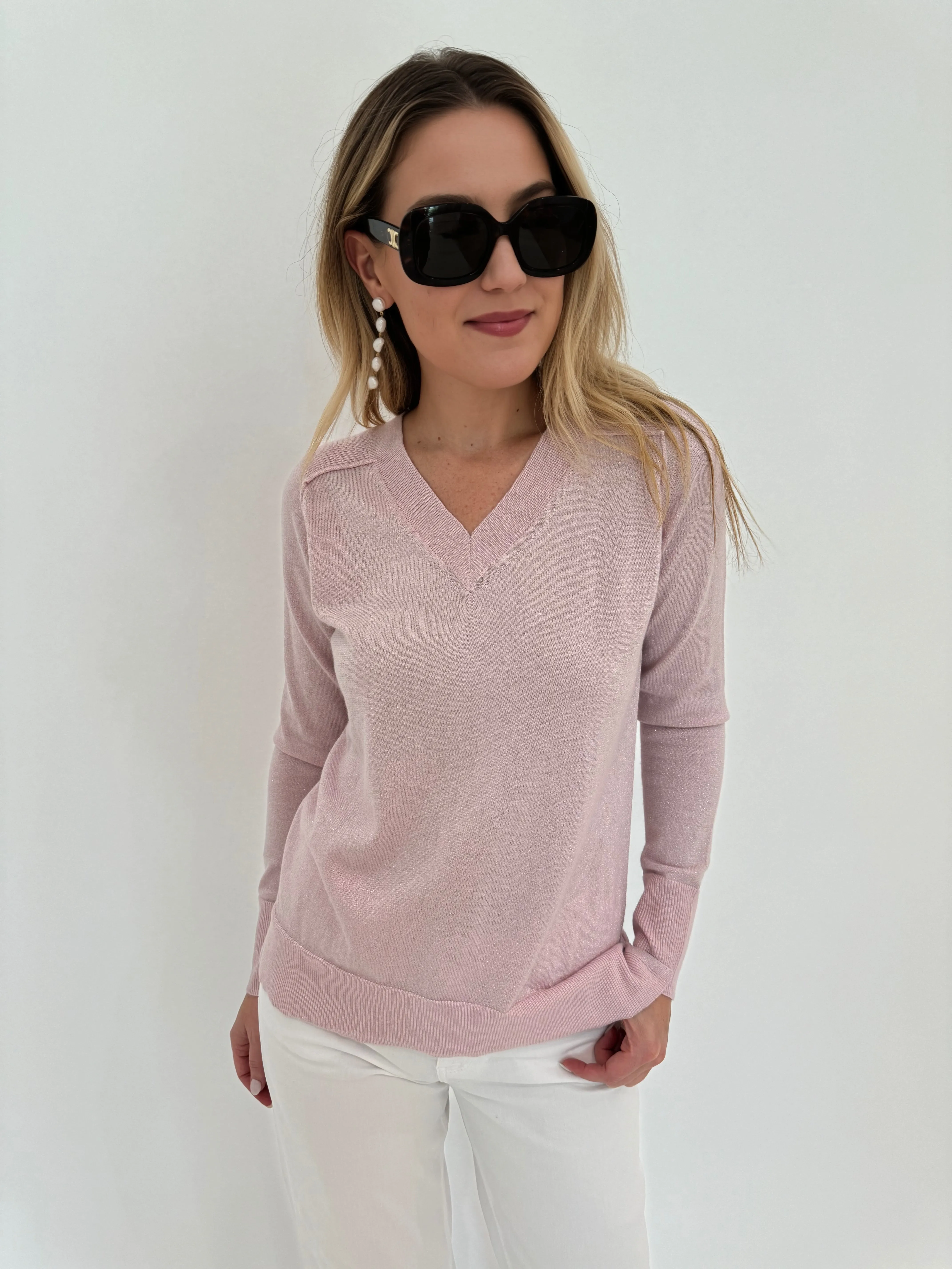 Metallic V-Neck Sweater - Petal