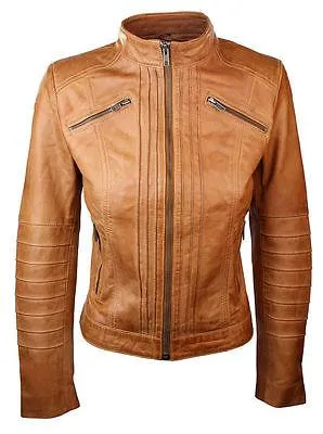 New Women Ladies Biker Brown Genuine Real Leather Jacket