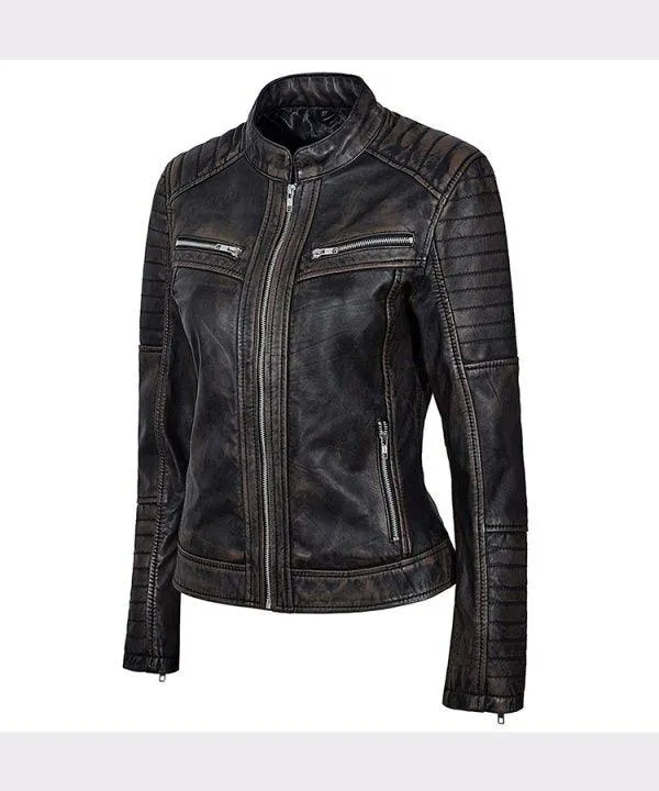 NEW WOMEN'S BLACK RUB OFF BIKER STYLE REAL LAMBSKIN LEATHER JACKET