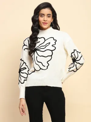 Off White Polyester Blend Regular Fit Pullover For Women