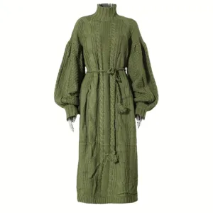 Olive Green Knitted Turtleneck Dress with Belt and Puffed Sleeves