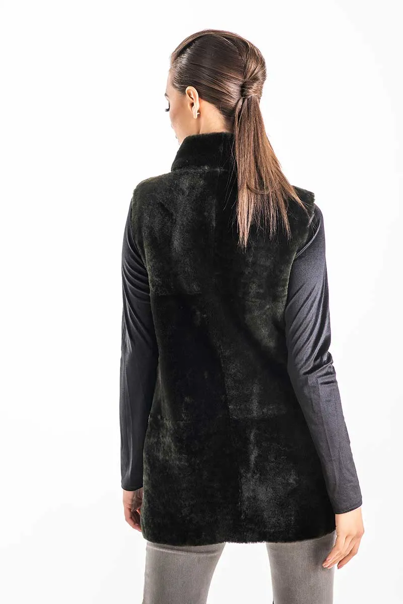 Olive Reversible Geniune Nappa Lamb Leather Mouton Fur Vest