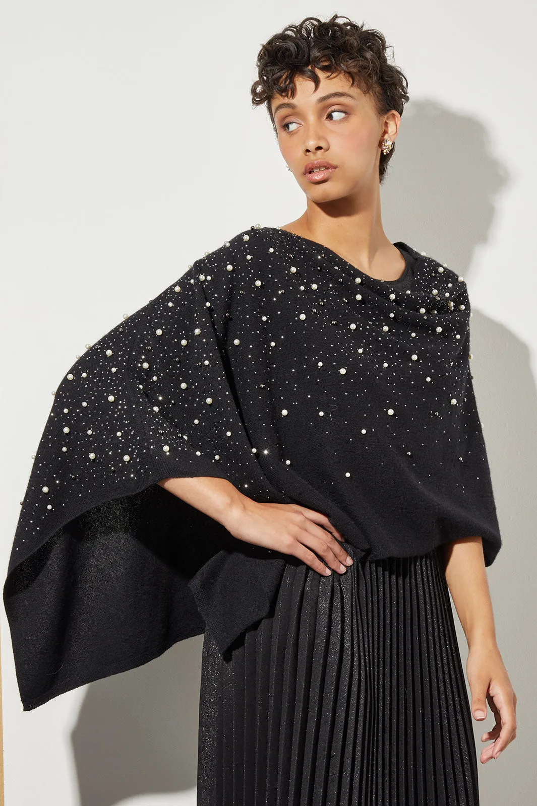 Pearl Beaded Poncho - Soft Cashmere, Black