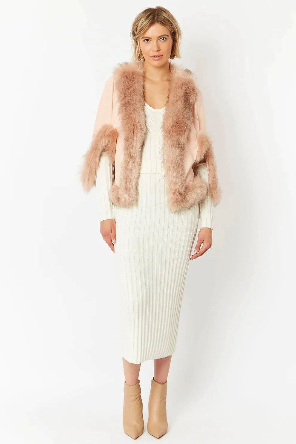 Pink Faux Fur Suede Cape Jacket