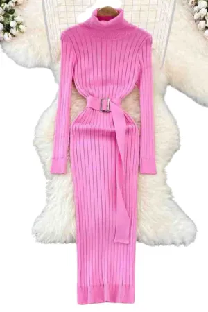 Pink Turtleneck Knitted Midi Dress