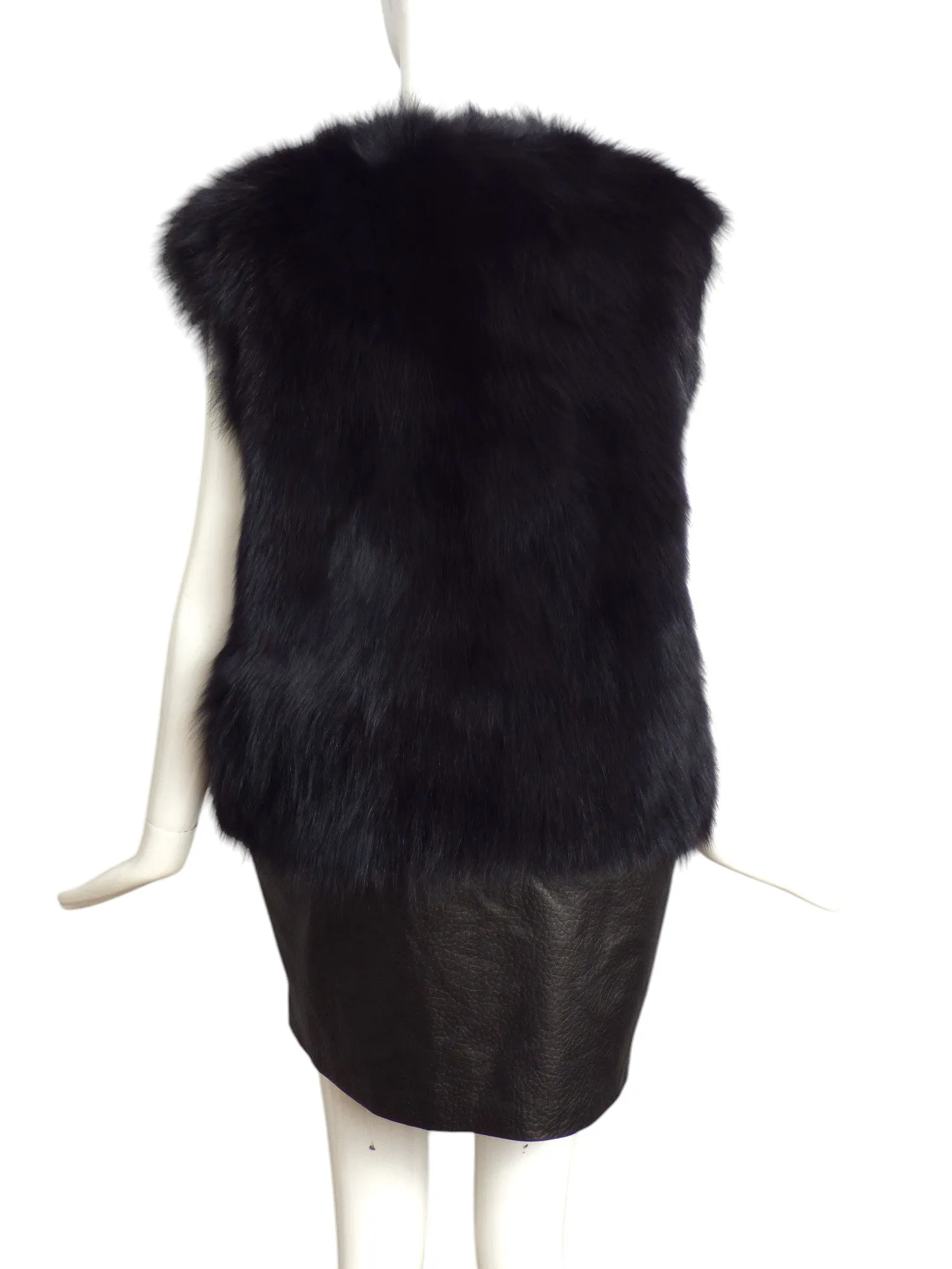 RAMY BROOK- Black Fox Fur & Leather Vest, Size 10