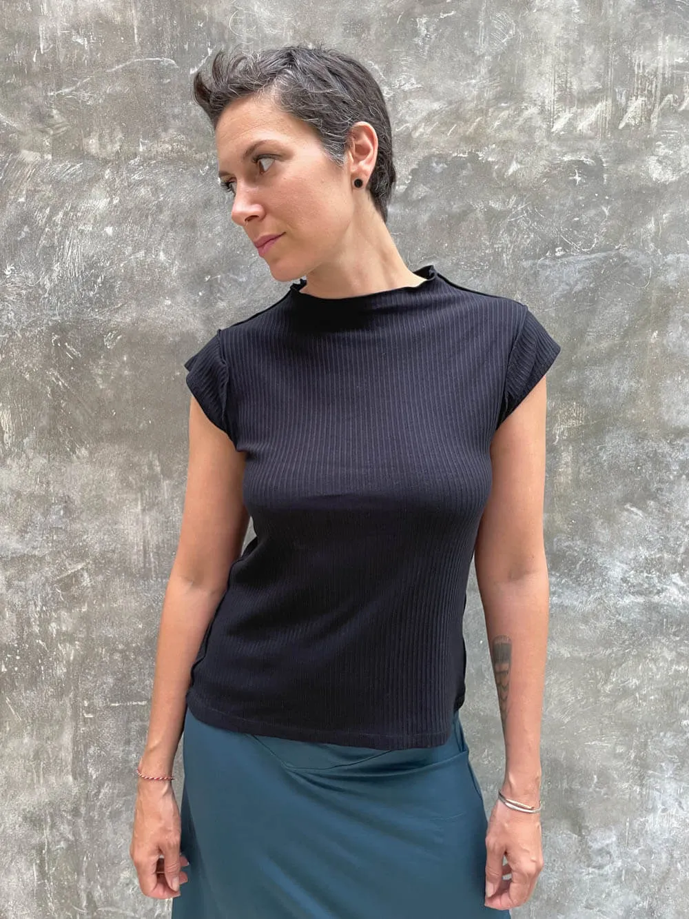 Ribbed Eco Cap Sleeve Mock Neck Top