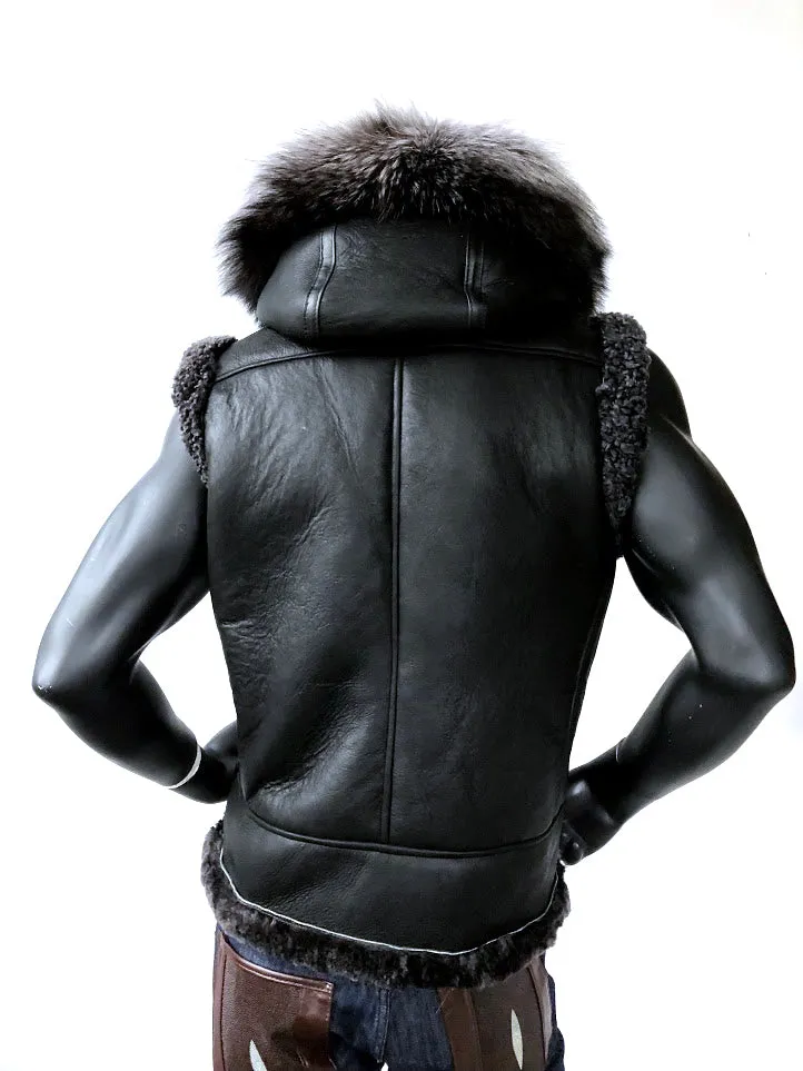 Sheepskin Vest With Silver Fox Fur Hood Style #5650