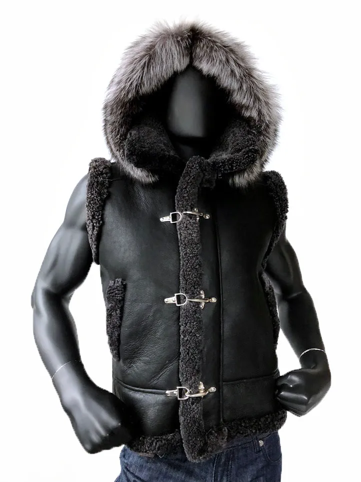 Sheepskin Vest With Silver Fox Fur Hood Style #5650