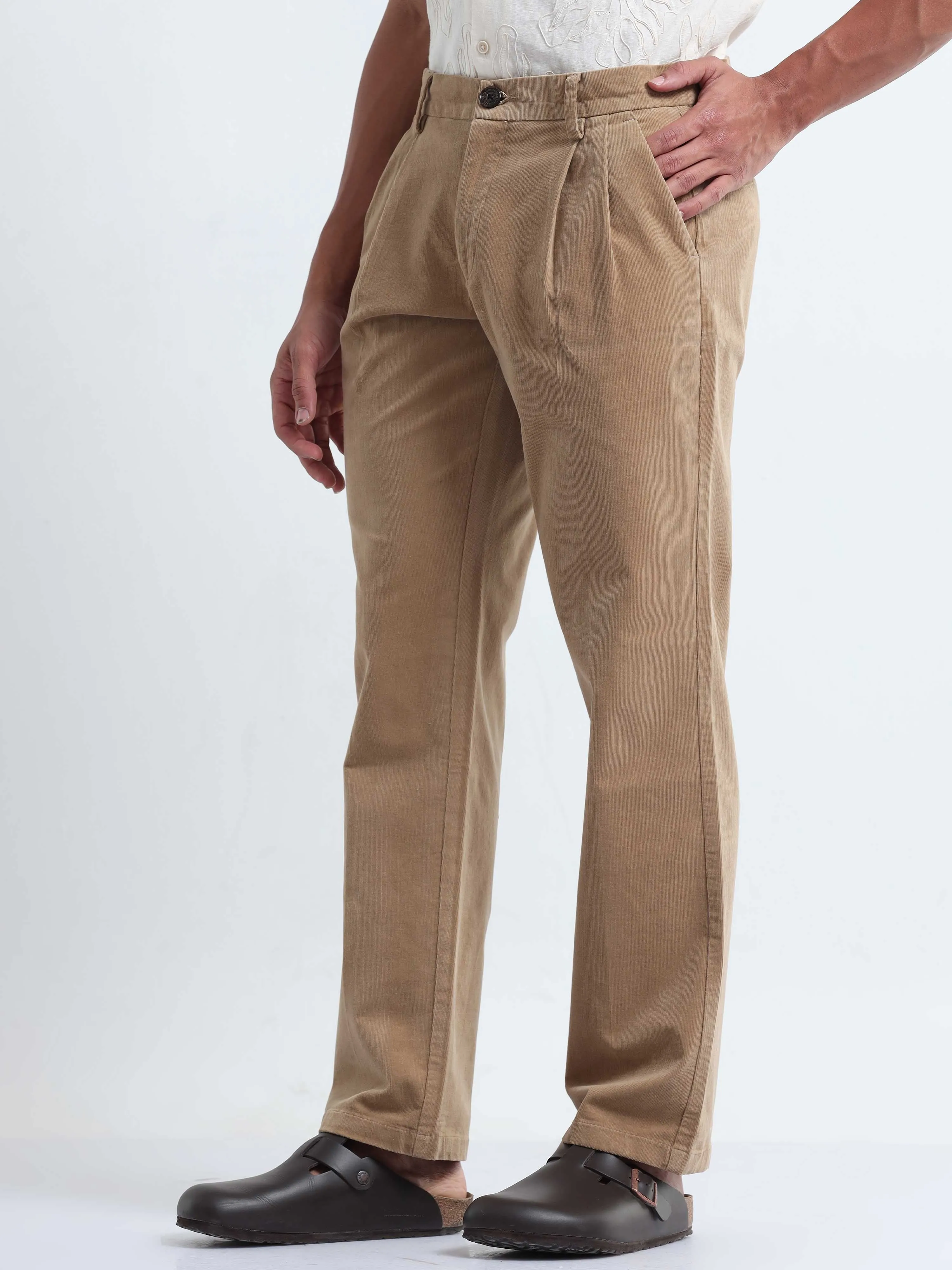 Soft Corduroy Beige Relaxed Pleated Pant