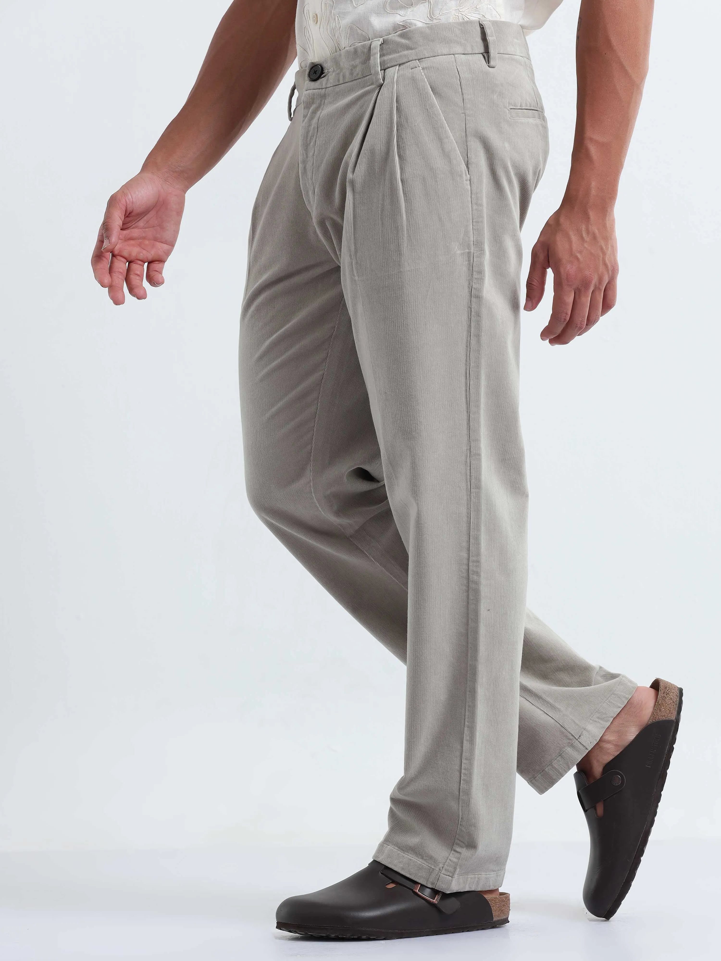 Soft Corduroy Light Grey Relaxed Pleated Pant