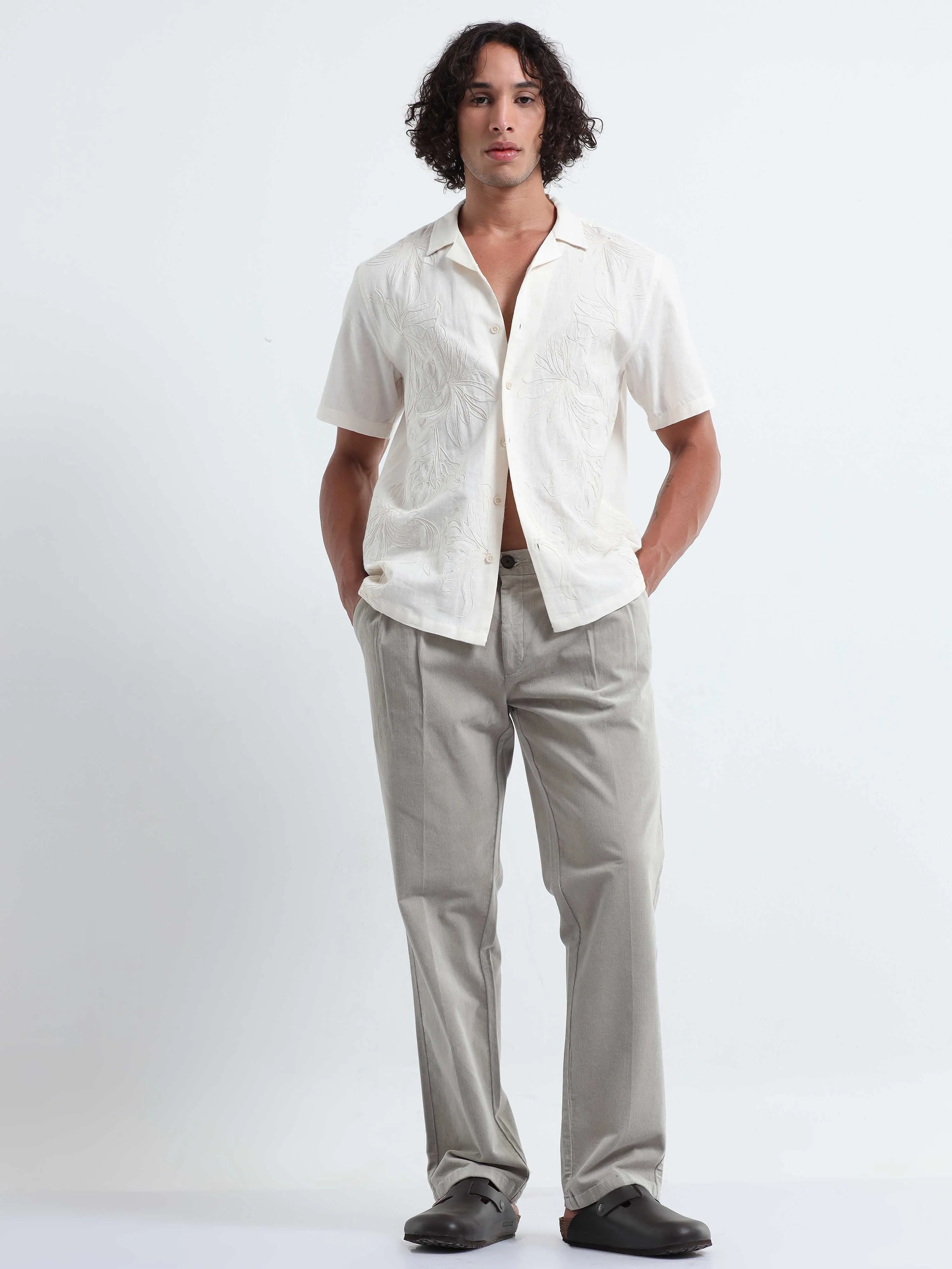 Soft Corduroy Light Grey Relaxed Pleated Pant