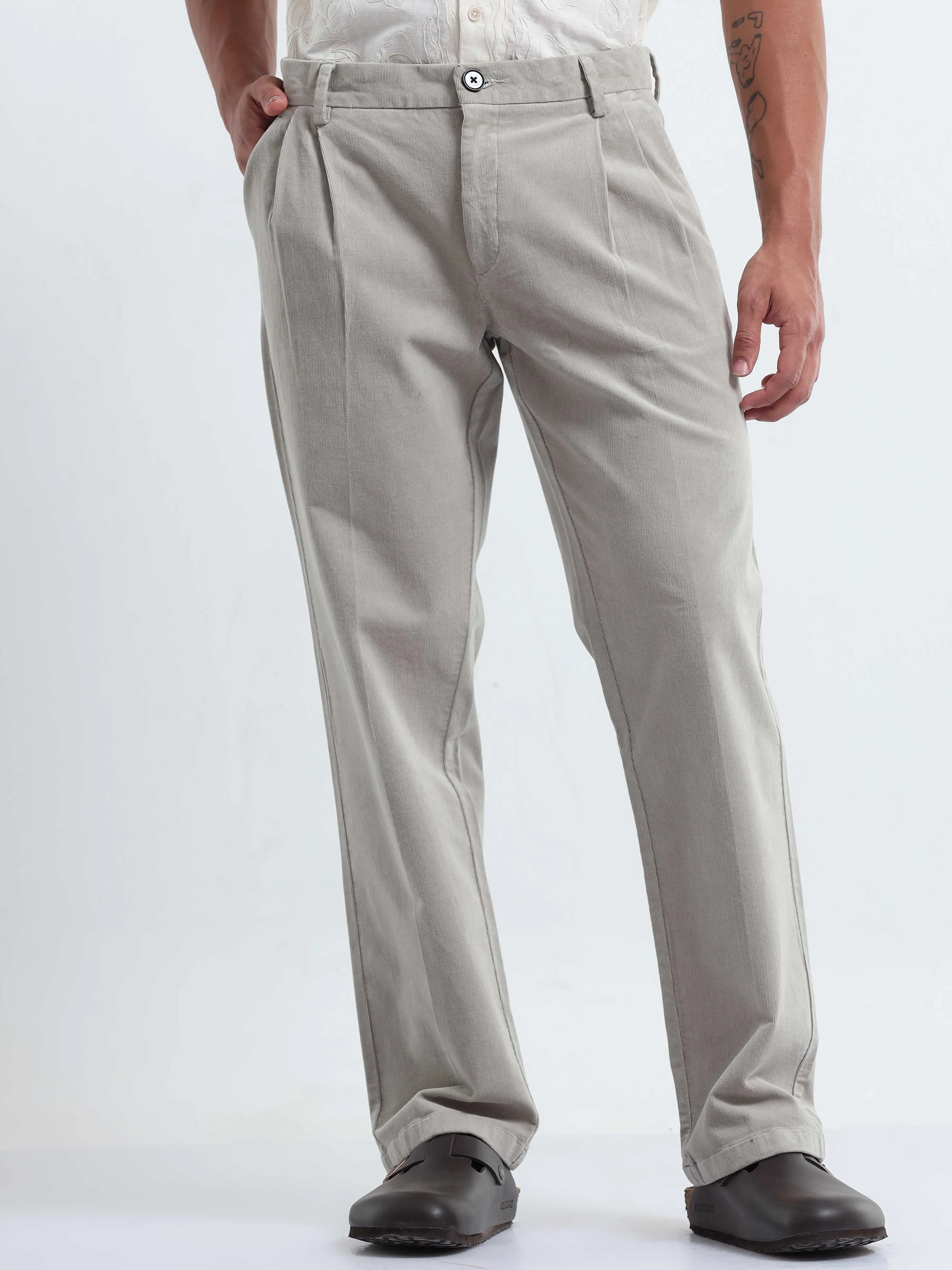 Soft Corduroy Light Grey Relaxed Pleated Pant