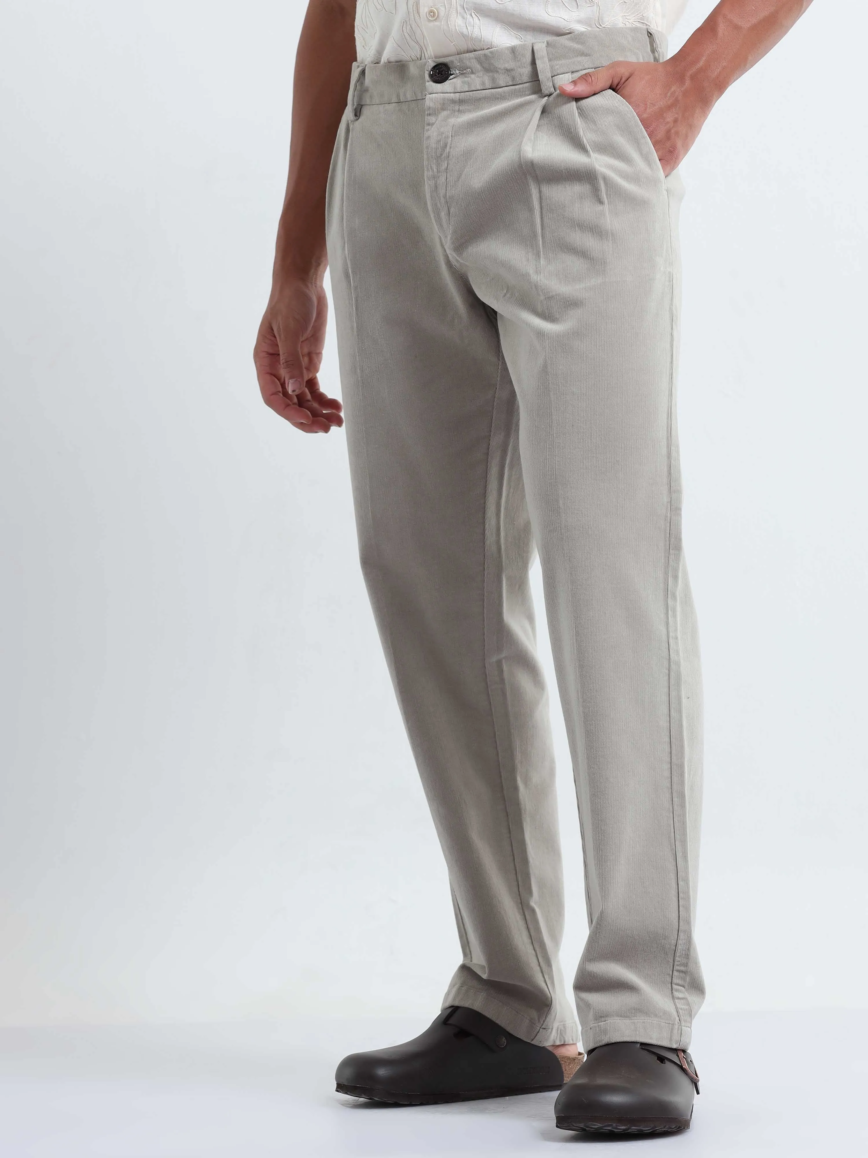 Soft Corduroy Light Grey Relaxed Pleated Pant