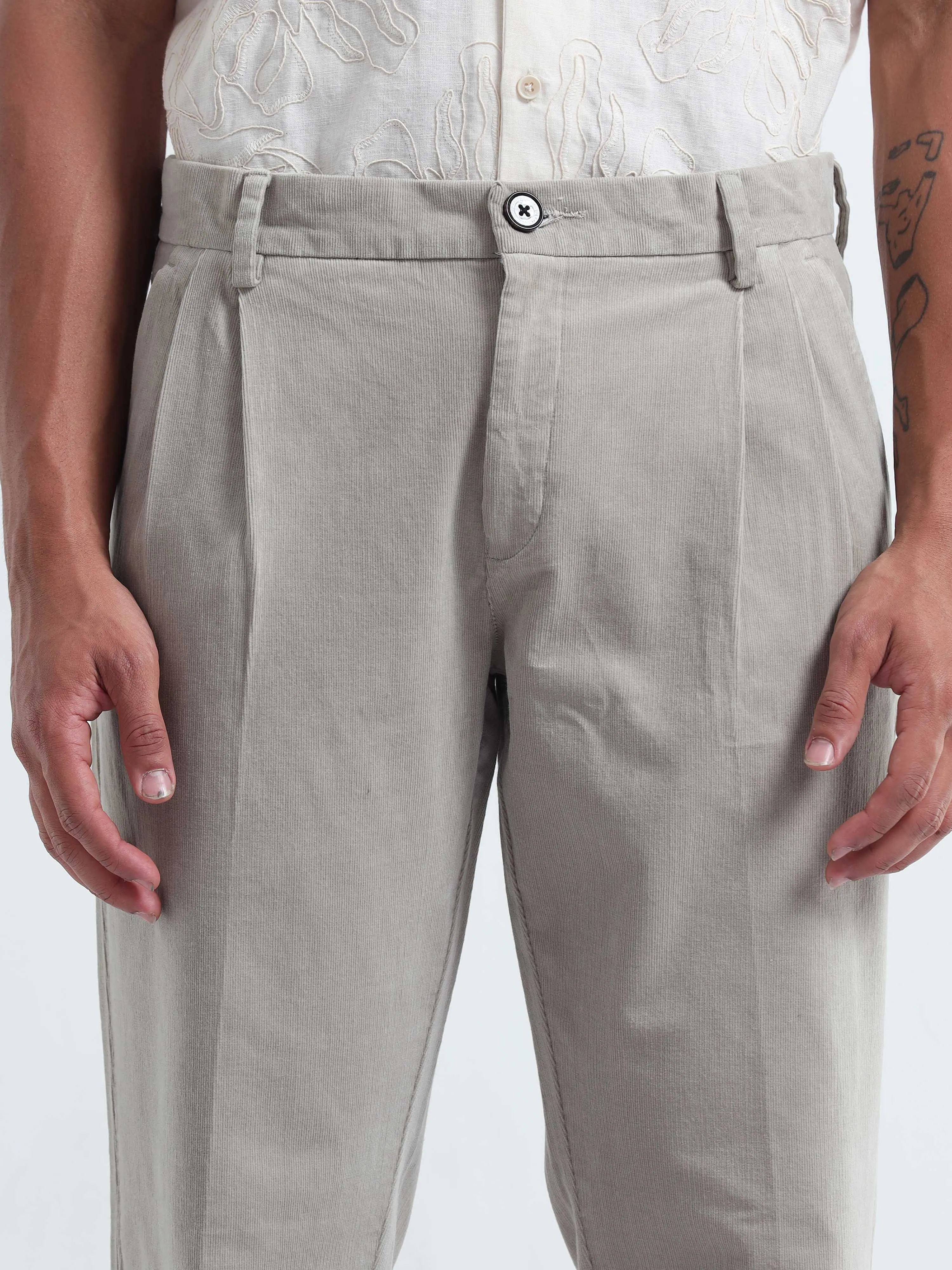 Soft Corduroy Light Grey Relaxed Pleated Pant