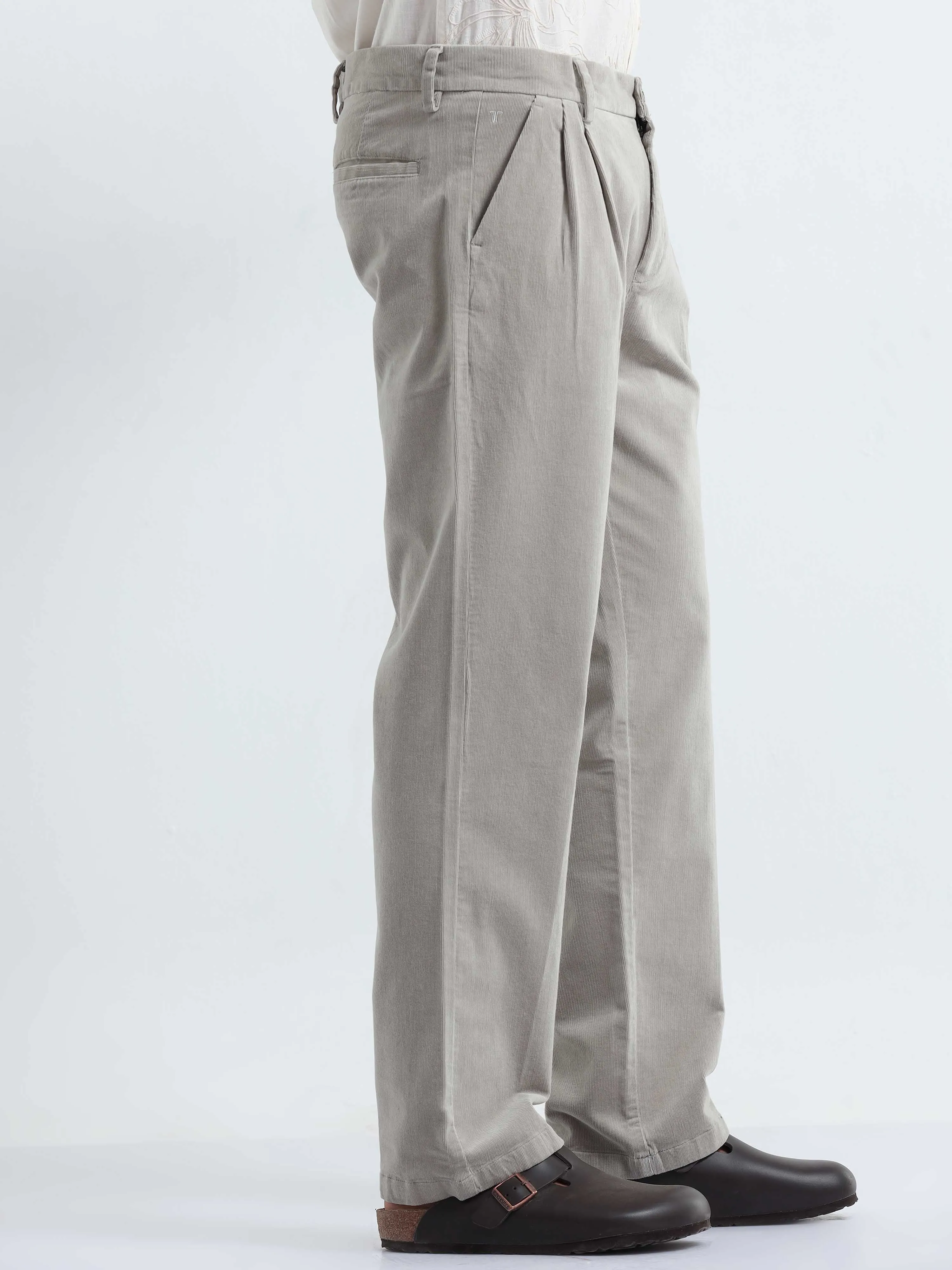 Soft Corduroy Light Grey Relaxed Pleated Pant